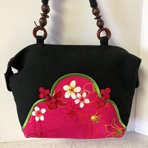 Meiga Canvas Floral Shoulder Bag With Bead & Braided Handles